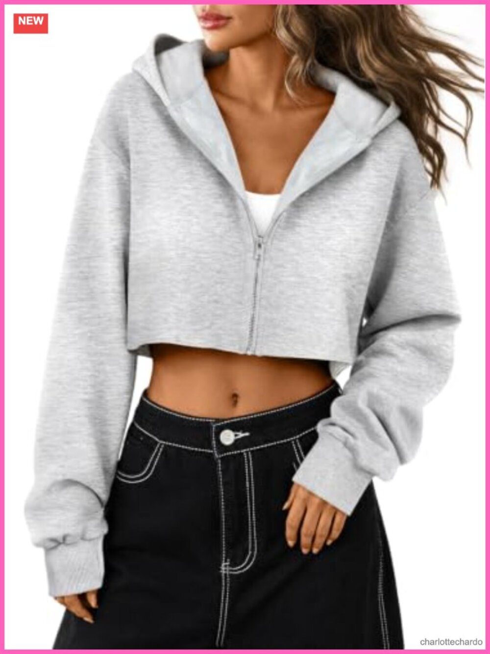 Cropped Zip Up Hoodie Long Sleeve Raw Hem Sweatshirt for Women